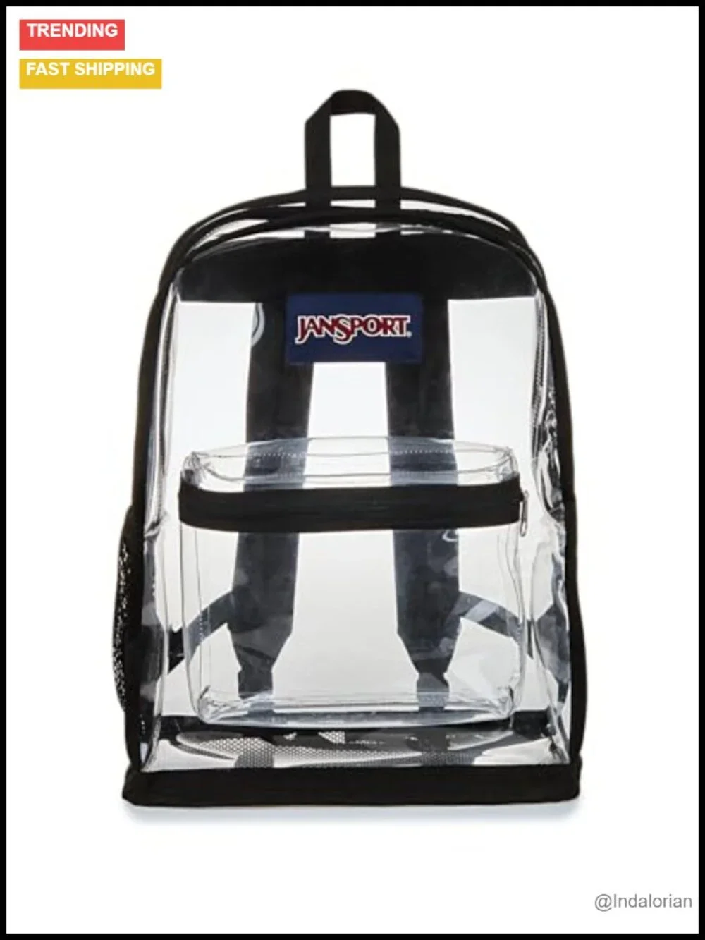 Clear Backpack, 25.5L, Large Main Compartment, Water Bottle Pocket, Front Zip